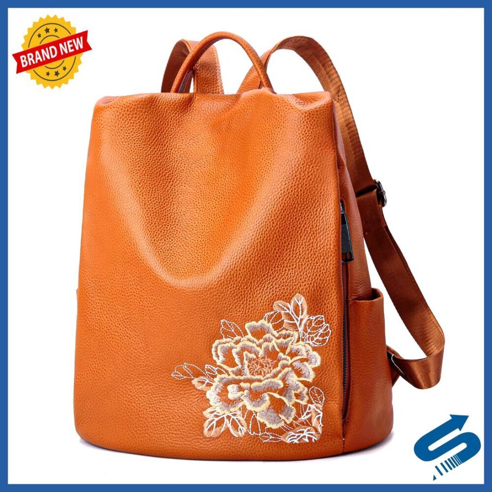 Genuine Leather Floral Backpack Elegant Designer Purse Small Shoulder Bag Travel